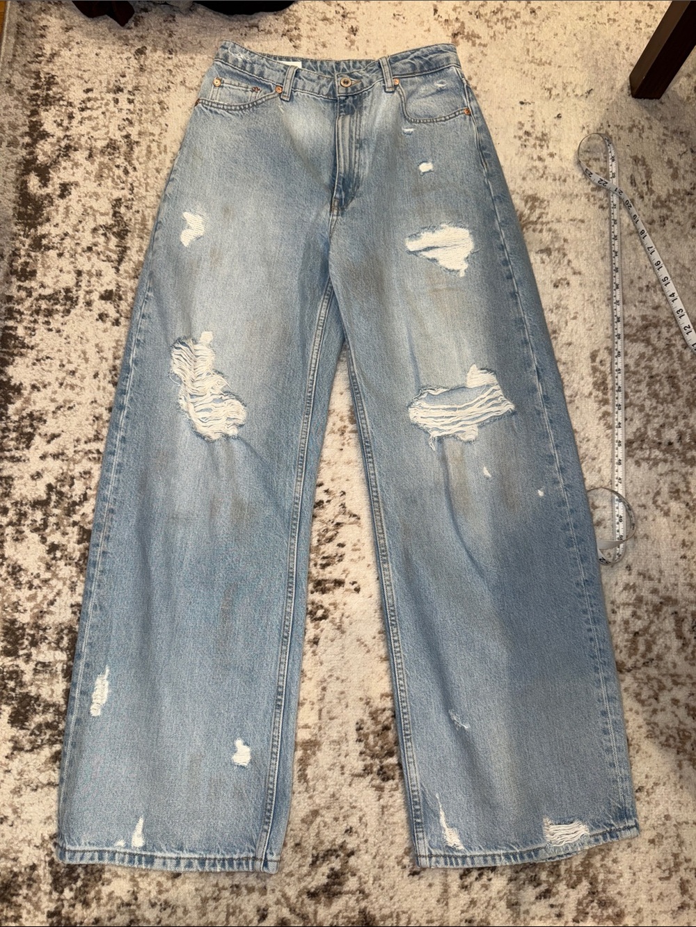 Zara Light Blue Distressed Wide-Leg Jeans